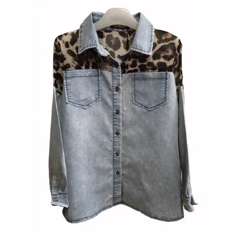 Wiosna Jesień Nowa Dżinsowa Koszula Dla Kobiet Moda Leopard Print Spliced Denim Shirt Jacket Z Siedem Rękawów Czwarte Top Damski