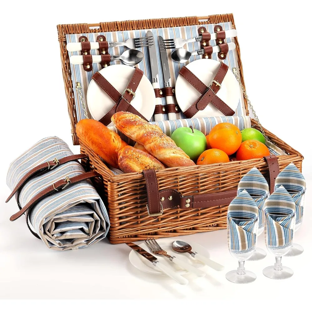 Picnic Basket for 4 Persons with Waterproof Picnic Blanket and Insulated Cooler