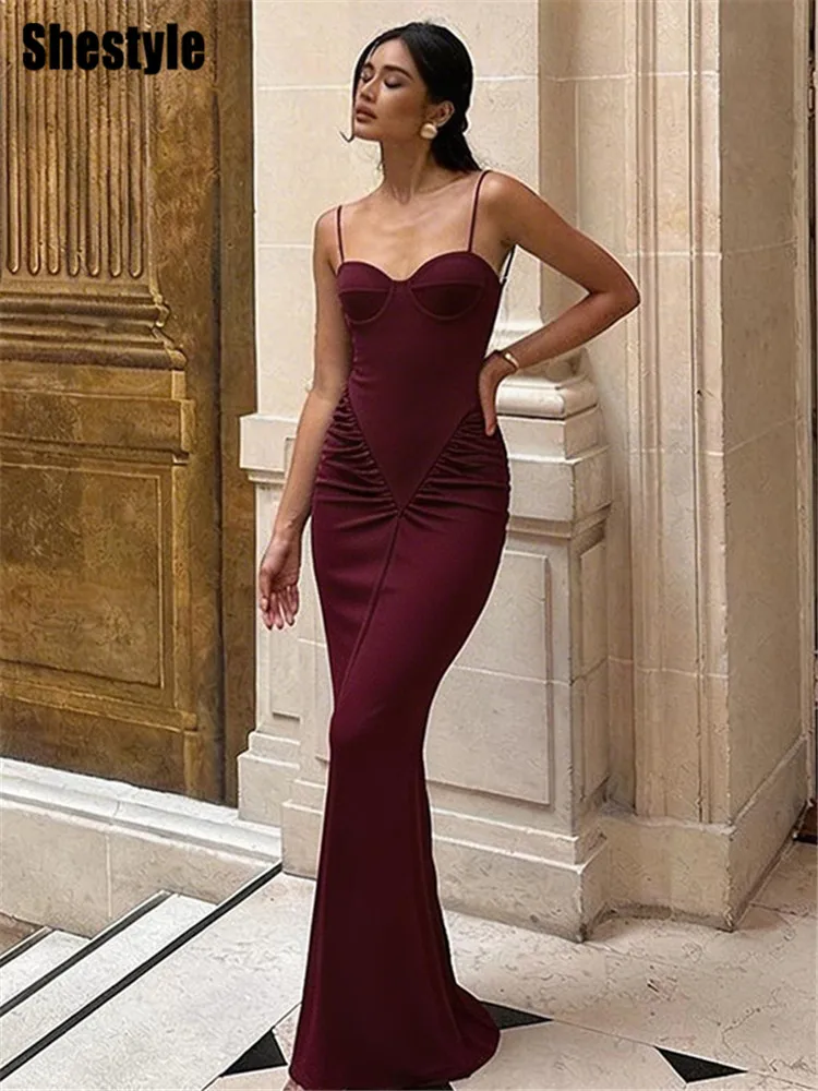 

Shestyle Chest Wrapping Claret Mermaid Dress Women Solid Ruched Spaghetti Strap Slim Bodycon Party Ball Gown V Neck Outwear