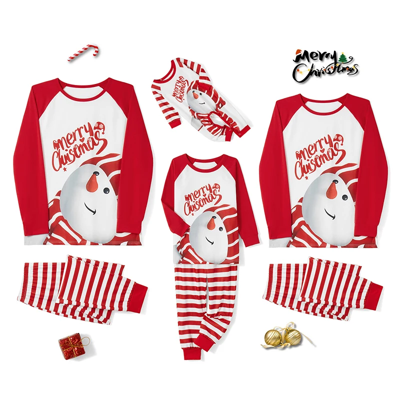 

Matching Family Christmas Pajamas Baby Romper Letter Snowman Pattern Long Sleeve Tops and Stripe Pants Sleepwear Set - Festive