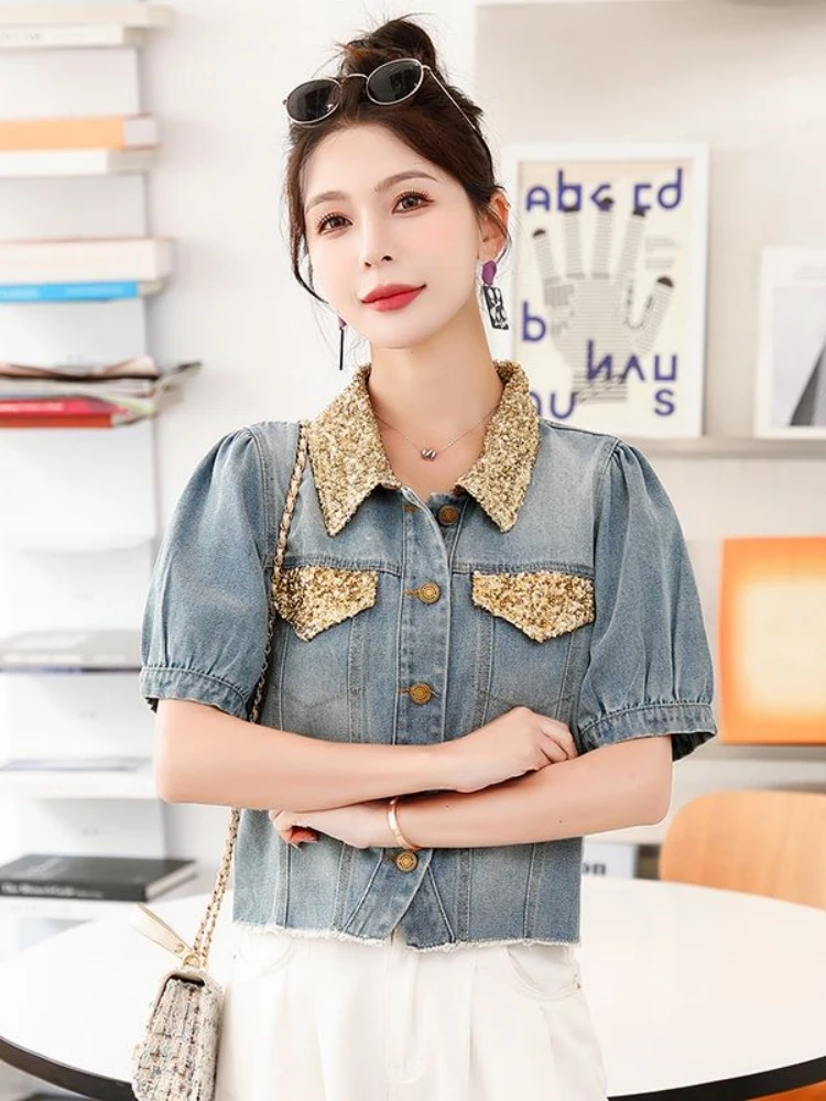 Hong Kong Sle ort Sve Denim irt Jaet Women's Summer Thin Retro Design Small Size Fraance Wind Top Button up Coat