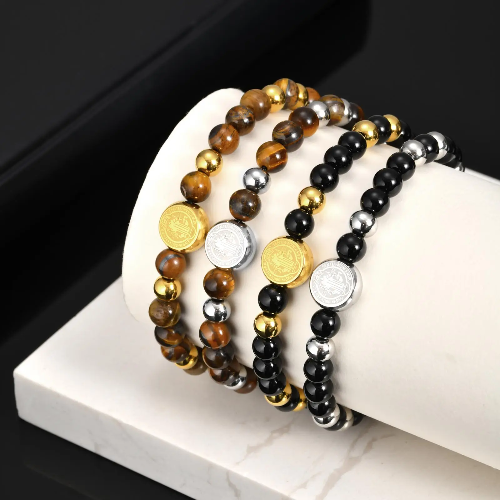 

Tiger Eye Agate Natural Stone Handmade Beaded Bracelet for Men, Stainless Steel Saint Benedict Bracelet,Religious Prayer Jewelry