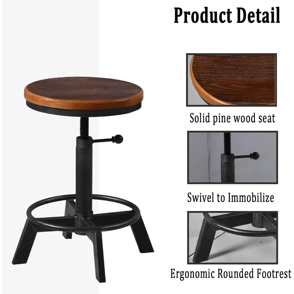 Taburetes de bar giratorios de estilo industrial - Asientos de madera rústica con altura de mostrador para isla de cocina - Altura ajustable de 17,7 a 24 pulgadas