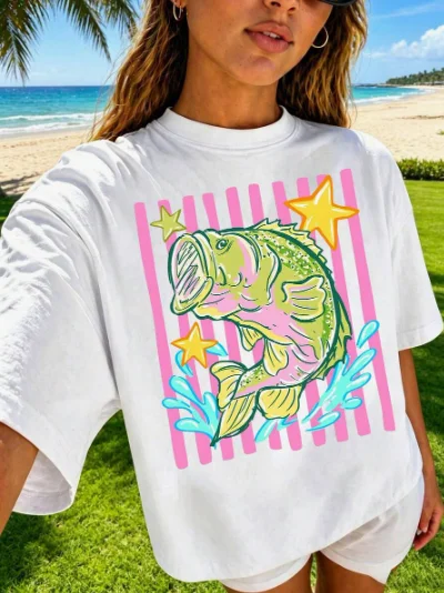 2026 Fashion New Preppy Coastal Lake Retro Bass Fish Graphic T-Shirt Pastel Fishing Print Colorful Summer Beach Lover Casual Gift Basic Top Tee