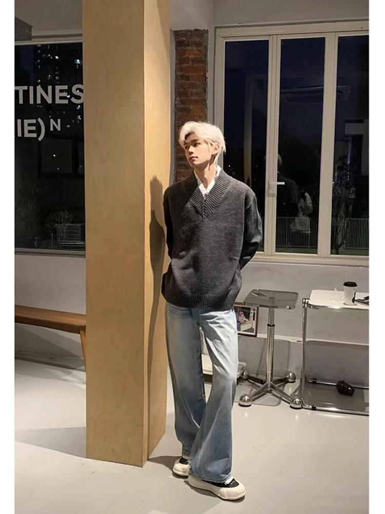 Men's V-Ne Knitwear Sweater Winter Lazy High-End Feeling Overhead Inner Wear Base Layer Casual Sle Polyester Fiber Long S...