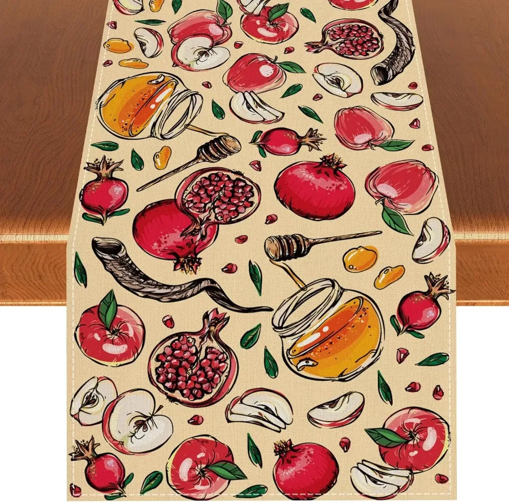 Rosh Hashanah Linen Table Runners Pomegranate Honey Shofar Horn Dresser Scarf Table Decor Festivals Wedding Home Party