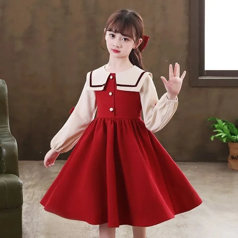 2024 Children Clothes winter Autumn Girls camisole party Dress patchwork Kids mesh lace Long Sleeves braces skirt 8 9 10 12 year