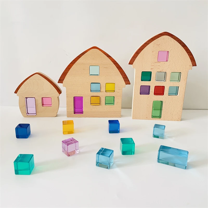 Rainbow Acrylic Lucent Cubes Stacking Blocks Wooden House Translucent Crystal Gem Stone Stacking Open Ended Toys for Children