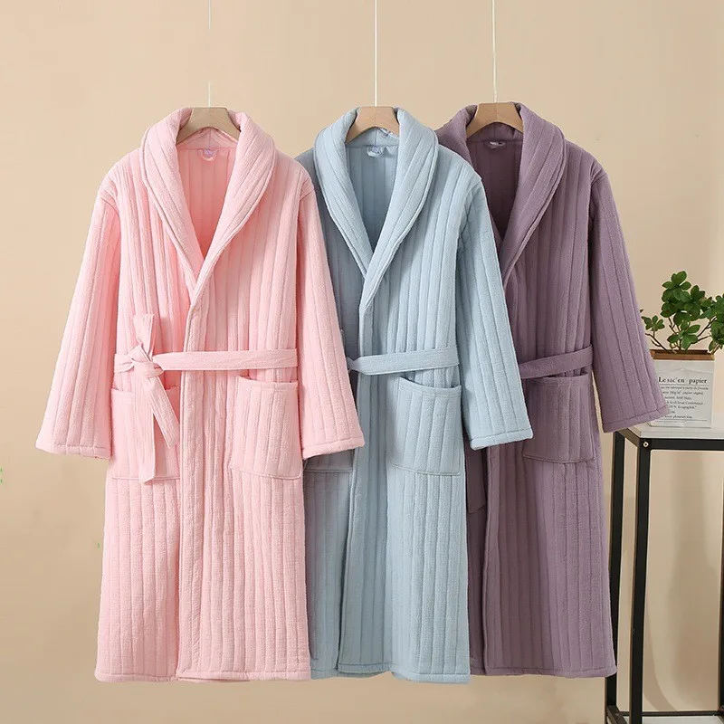 

Autumn Winter Women Warm Cotton with Filler Robe Ladies Bathrobe Female Long Sleeve Dressing Gown Robes Simple Home Clothes