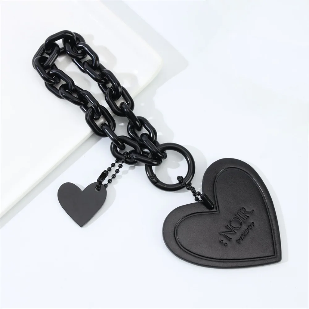 

Pure Black Love Heart Shaped Keychain Leather Metal Chain Love Chain Keyring Cute Ins Love Heart Key Ring Bag Decoration