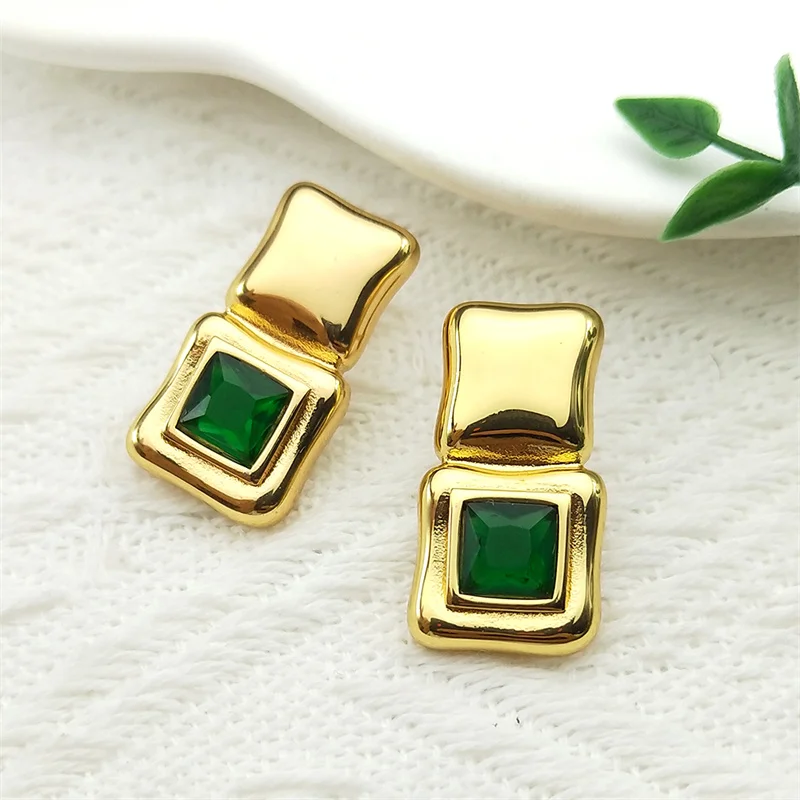 Charm Green Glass Square Earrings for Women Girls Stainless Steel Gold Color Party Female Ear Studs Jewelry Gifts  ZZZ1086