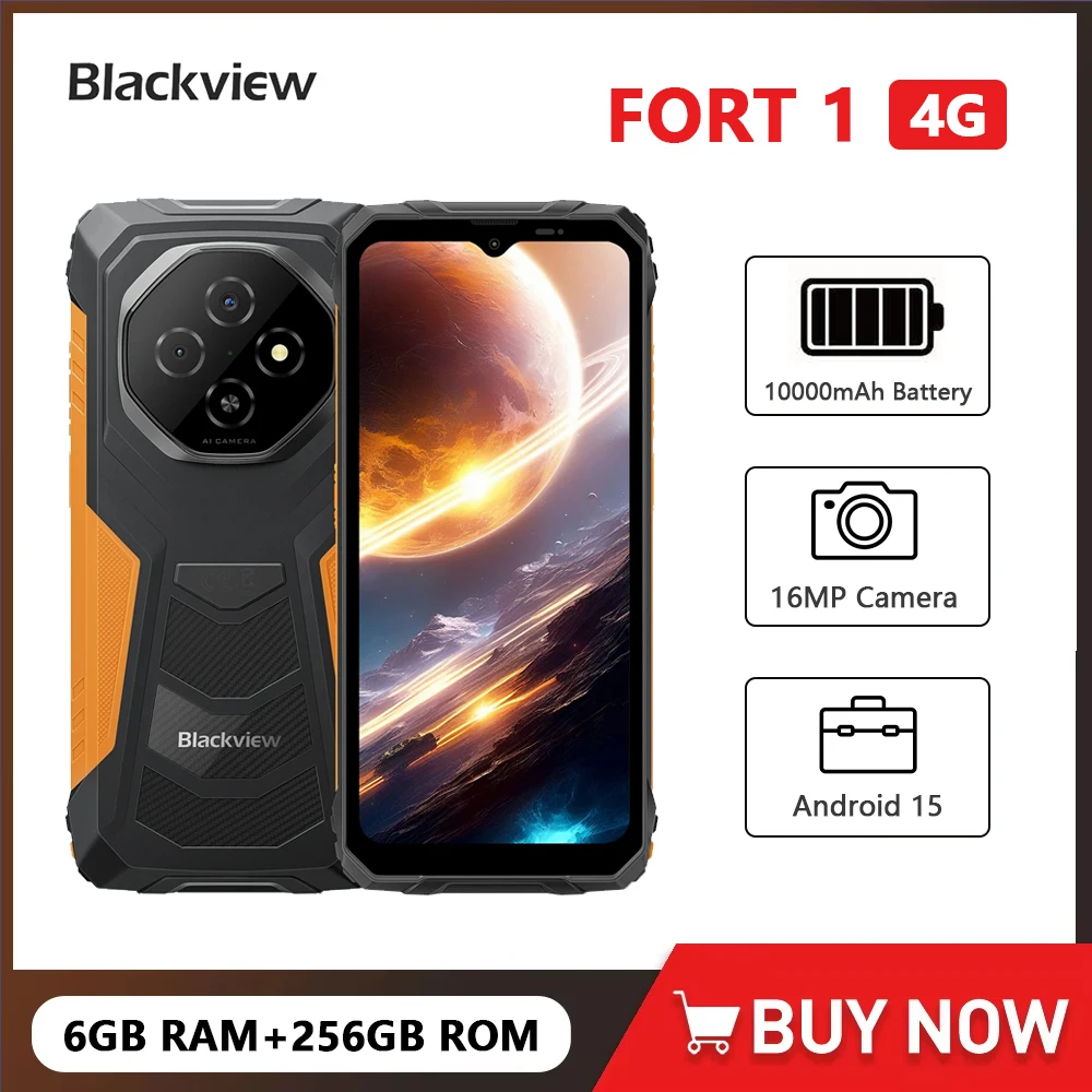 Blackview FORT 1 4G Rugged Phone AI 10000mAh Battery 6.56 Inch HD+ Display Unisoc T615 8GB RAM 256GB Smartphone Android 15 NFC