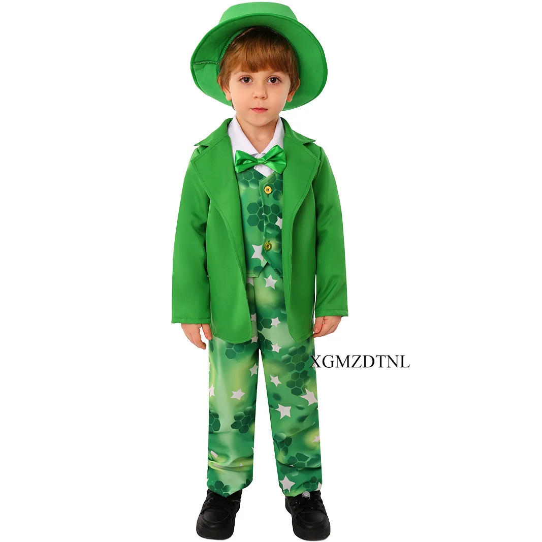 

New Irish St. Patrick's Day Children Boys Green Small Suit Hat Set School Festival Party Cosplay Stage Performance Costume