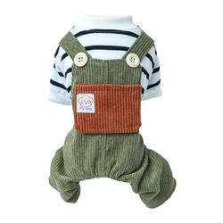 Pet Dog Suspenders Pants Pullover Sweater Stripe Green Corduroy Pants Dog Costume Winter Spring Clothes Pet Supplies