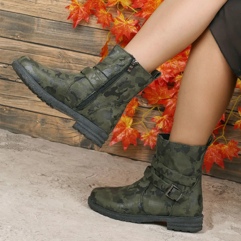 

Low Heel Boots Women's Side Zipper Belt Bule Camouflage Thin Mid-Calf Knight Boots PU Leather Velvet Surface
