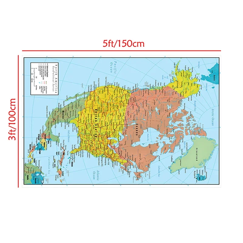 Mapa político e de trânsito da américa do norte, pôster de arte de parede francês, pintura em tela não tecida, material escolar, 100*150cm