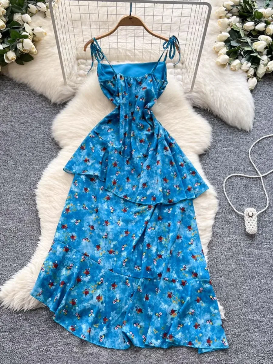 Foamlina Irregular Ruffle Boho Dress Women French Retro Halter Floral Print Cinched Waist Elegant Vacation Dress Trendy Chic