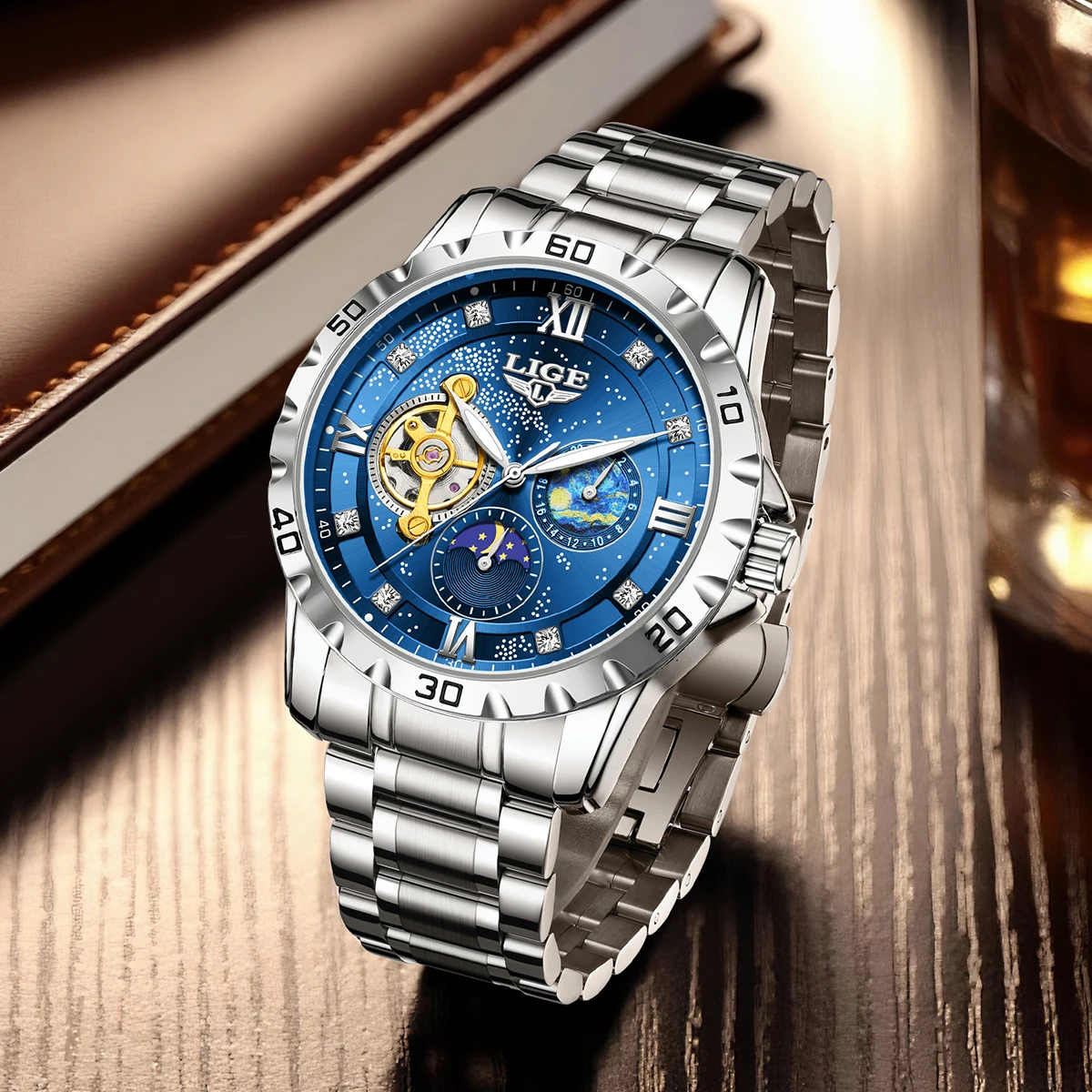 

LIGE 2025 мужские часы, новые роскошные светящиеся механические часы, модные водонепроницаемые часы из нержавеющей стали для мужчин, reloj hommes