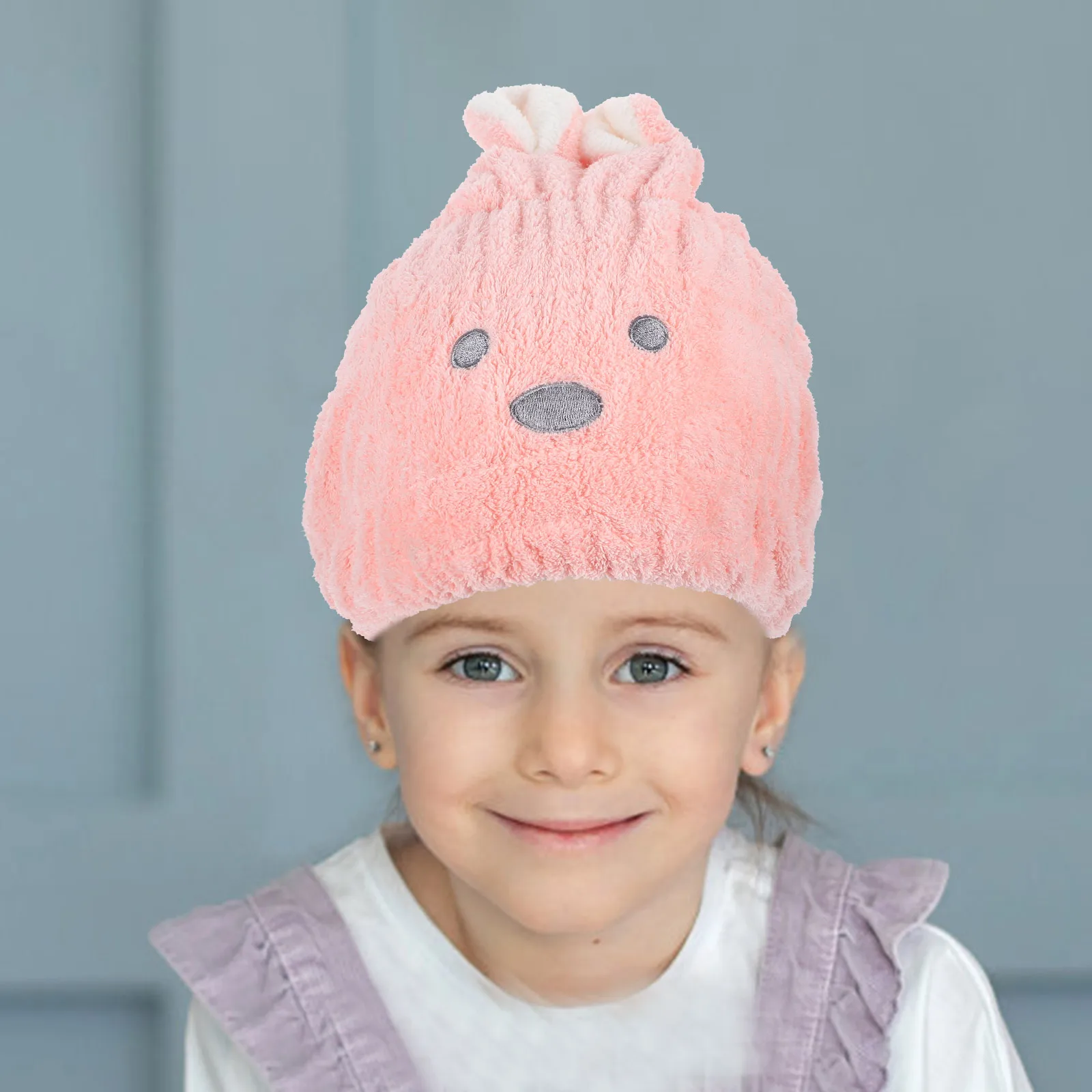 

Cartoon Rabbit Shower Cap Kids Hair Towel Wrap Coral Fleece Microfiber Hair Travel Use Lightweight Absorbent Soft