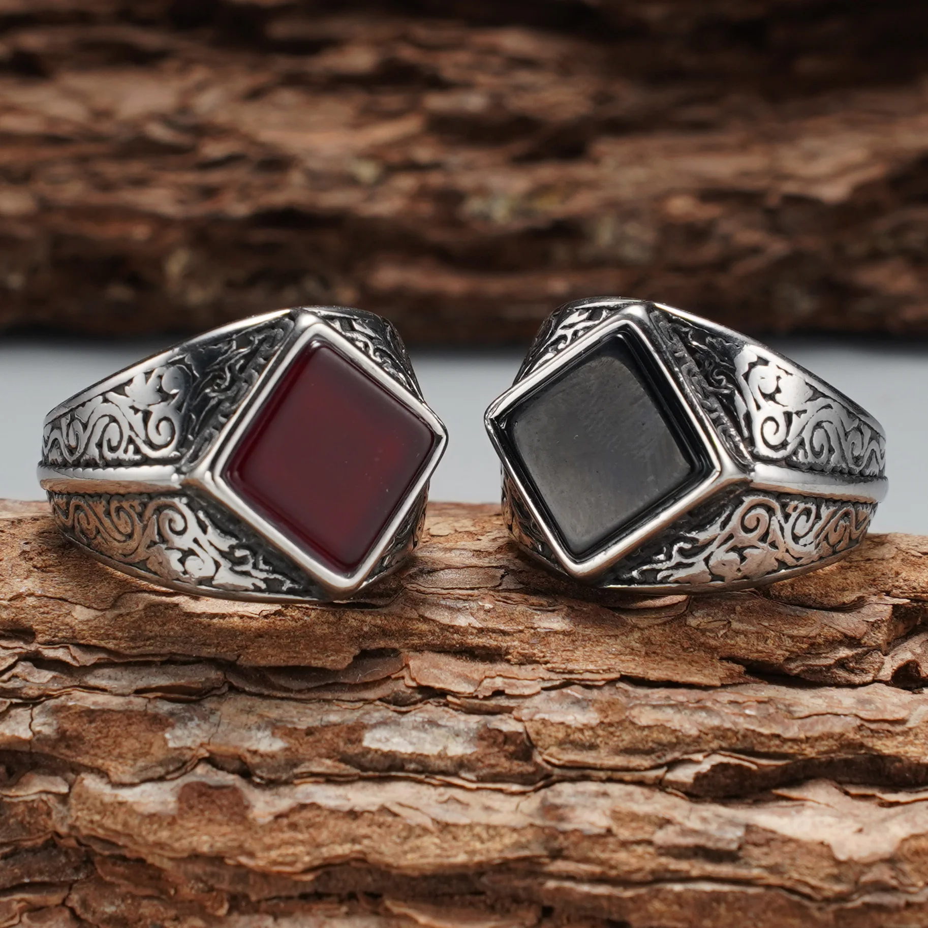 Vintage Gravierter Rhombus-Achat Herrenring, 316L Edelstahl Trendiger Statement-Schmuck – Detail 6