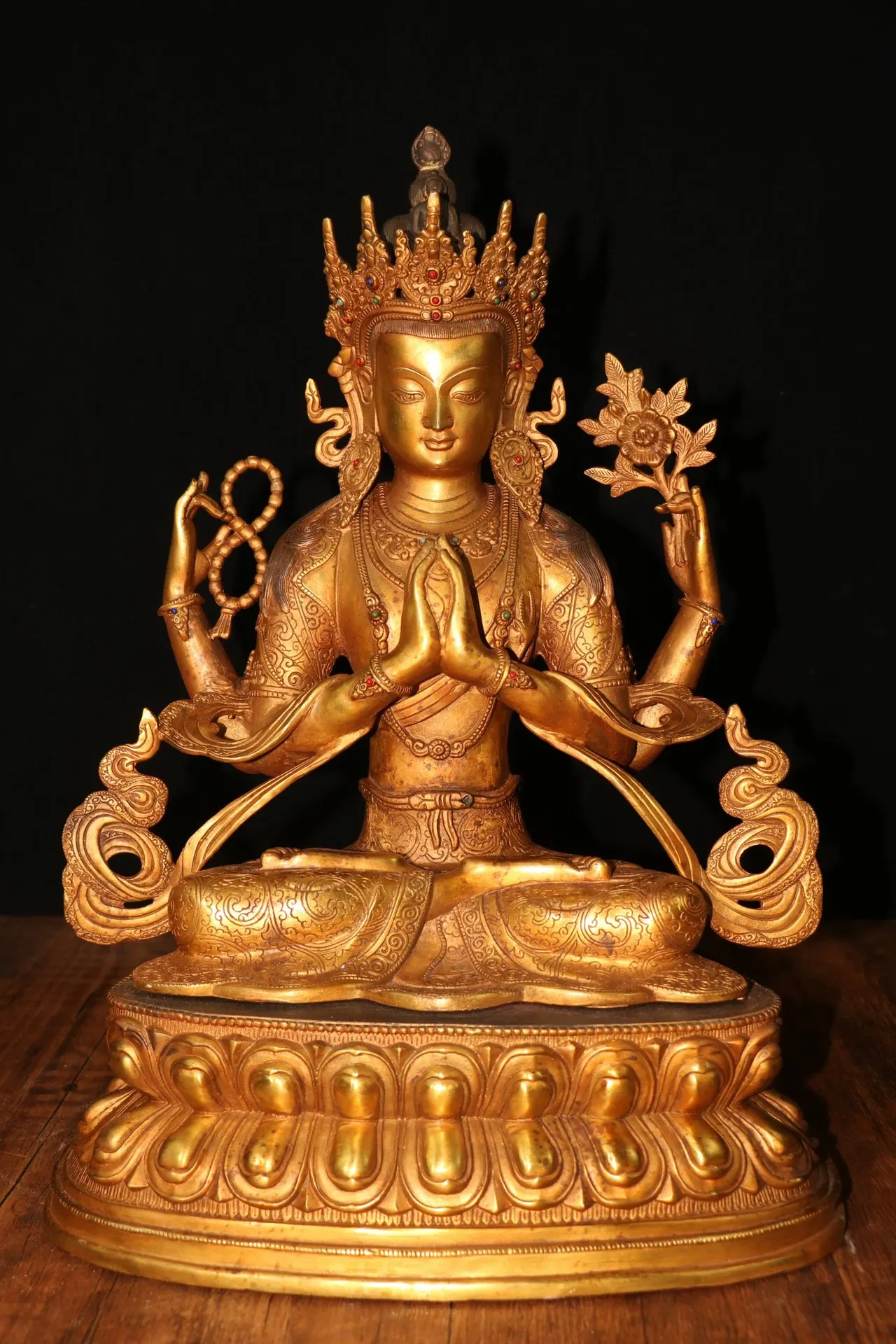 

17"Tibetan Temple Collection Old Bronze Cinnabar Gilded Four-arm Guanyin Buddha Double Lotus Platform Worship Hall Town house