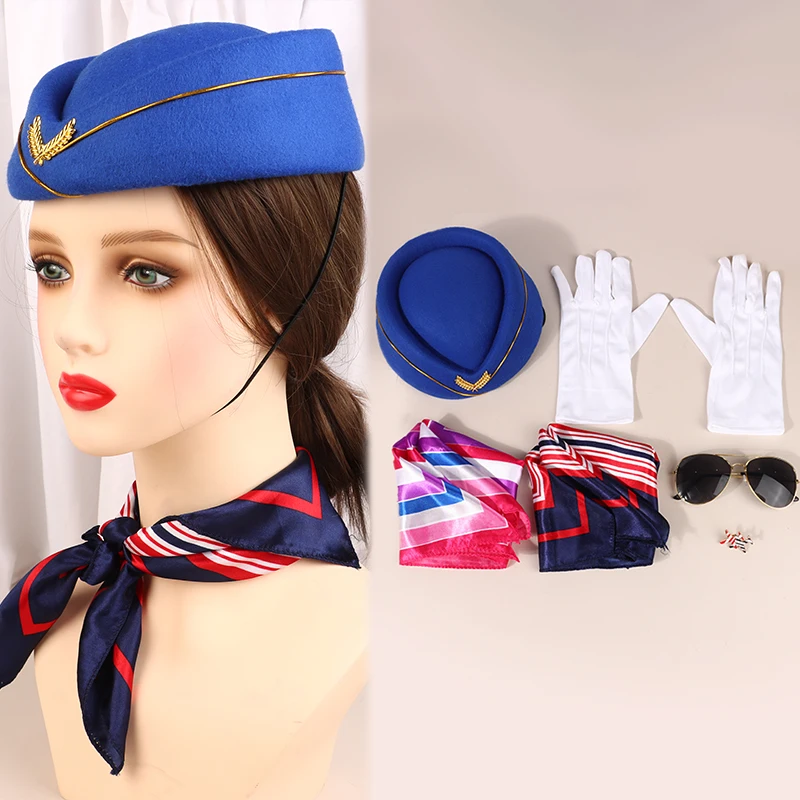 1Set Women's Flight Attendant Clothing Accessories Cosplay Props Costume Hat Sunglasses Scarf Gloves