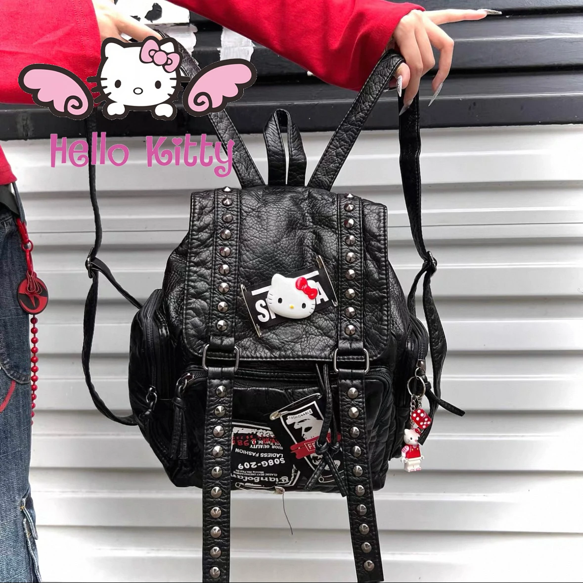 

Miniso New Sanrio Hello Kitty Y2K Spicy Girl Rivet Punk Backpack Luxury Design Bags High quality Women Fashion Shoulder Bag