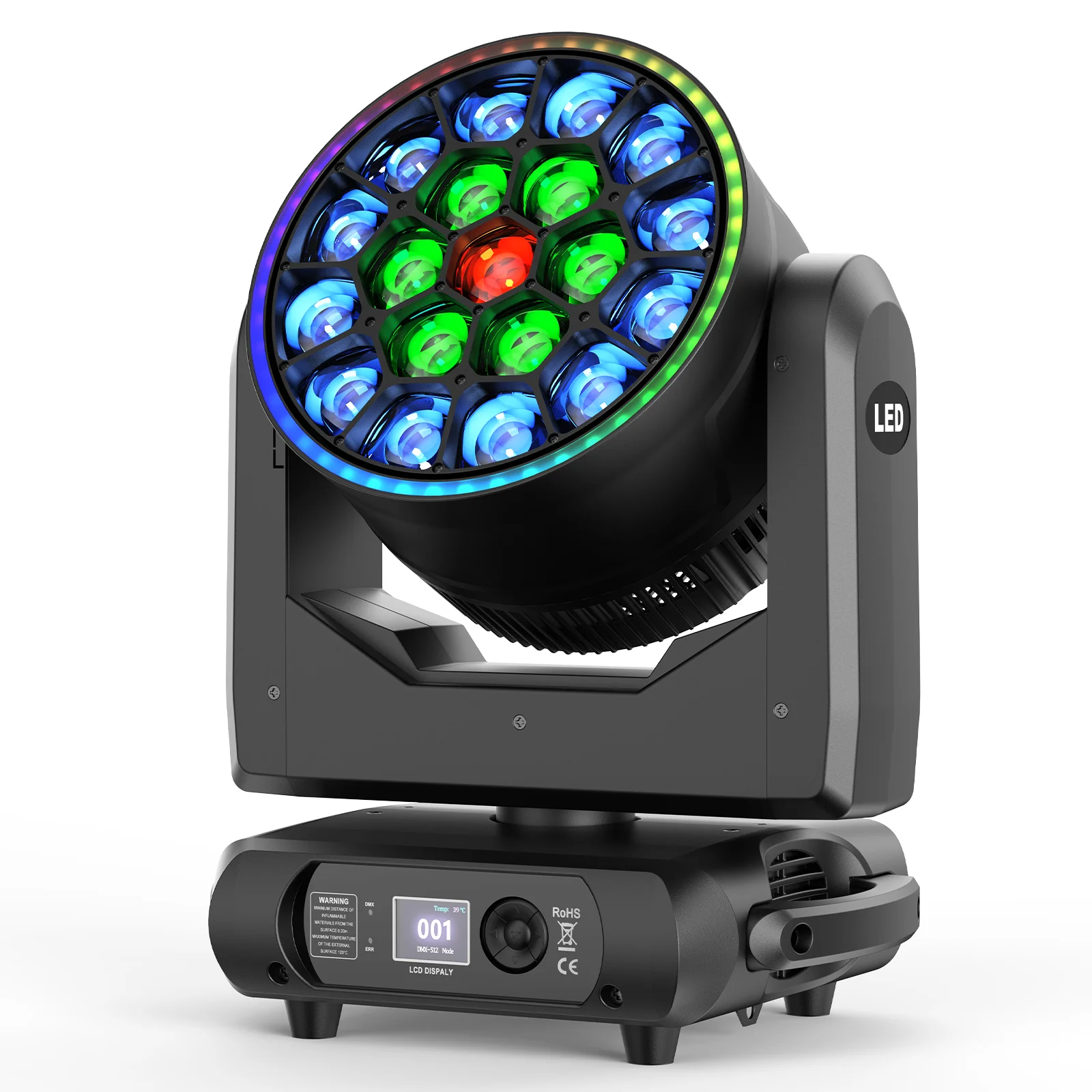 Yiflamefly 19x18W RGBW LED Moving Head Light mit Lichtstreifen, lineare Dimmung, DMX DJ-Beleuchtung für Hochzeiten, Disco, Party, Club, Bar, KTV-Show