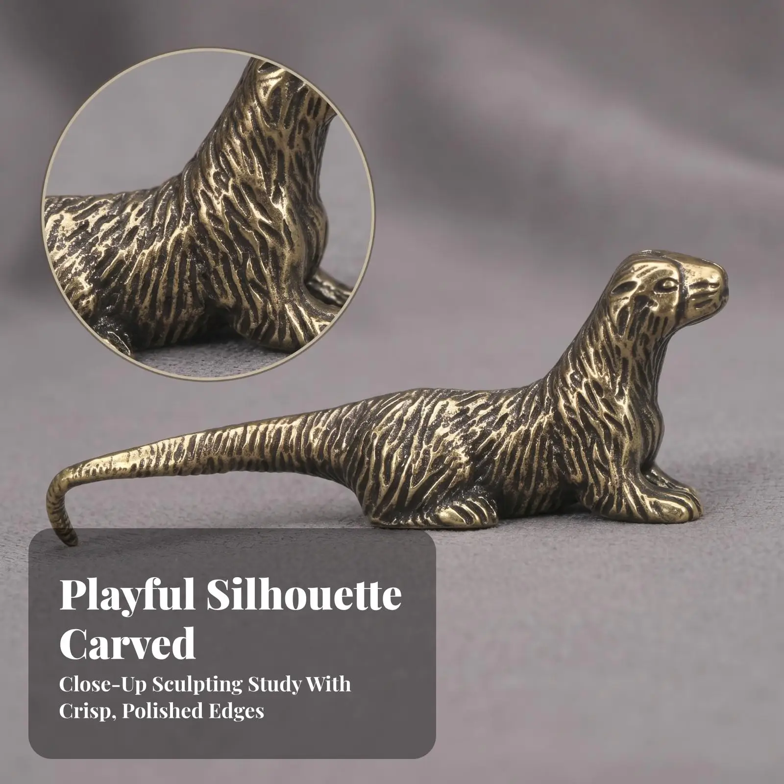 3xHandcrafted Otter Figurine | gilded Gold Finish, Detailed Textured Surface, Brass Otter, for Desk