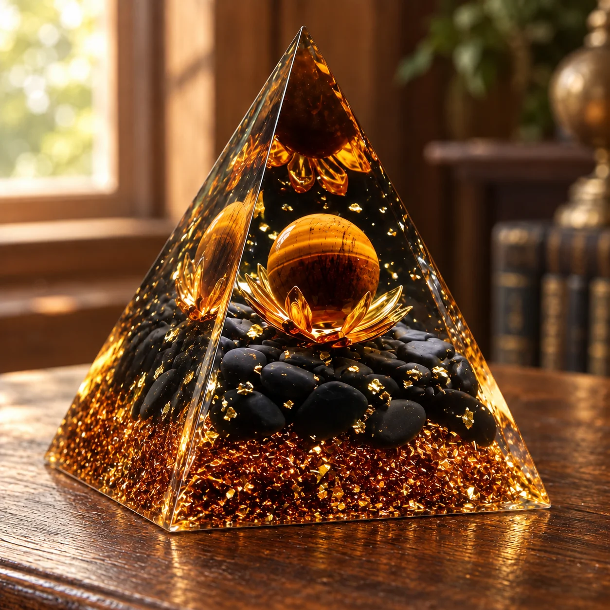 Orgonite Pyramid Natural Tiger Eye Sphere Black Obsidian Chips Orgone Energy Generator Resin Meditation Home Decor Gift