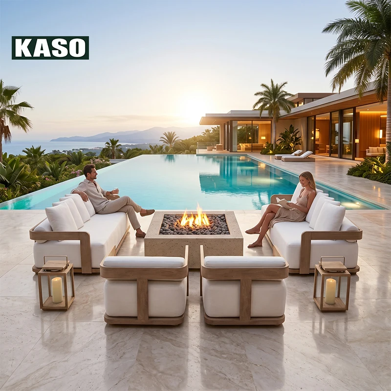 Resort Hotel Garden Sofa Set Modern Luxury Teak Wood Outdoor Sofa Waterproof Wooden Lounge Set Villa Outdoor Patio Furniture Set