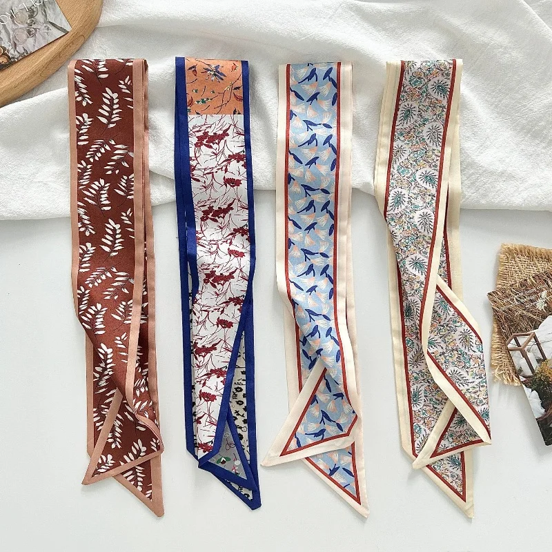 10Item French Retro Floral Silk Scarf Coffee Color Scheme Temperament Neck Scarf Satin Bag Binding Souvenir Decoration Ribbon