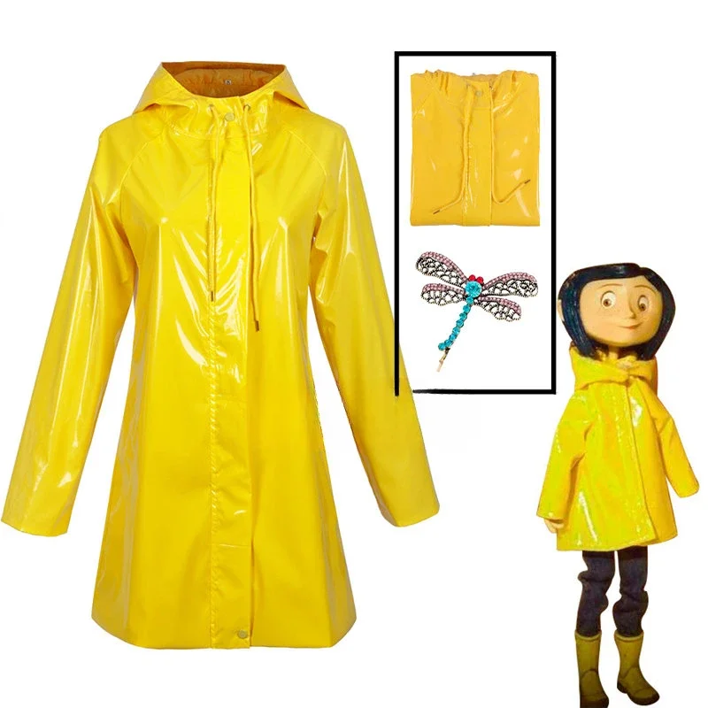 

Coraline Cosplay Anime Girl Yellow Coat Trench Hair Accessories Halloween Costume Suit