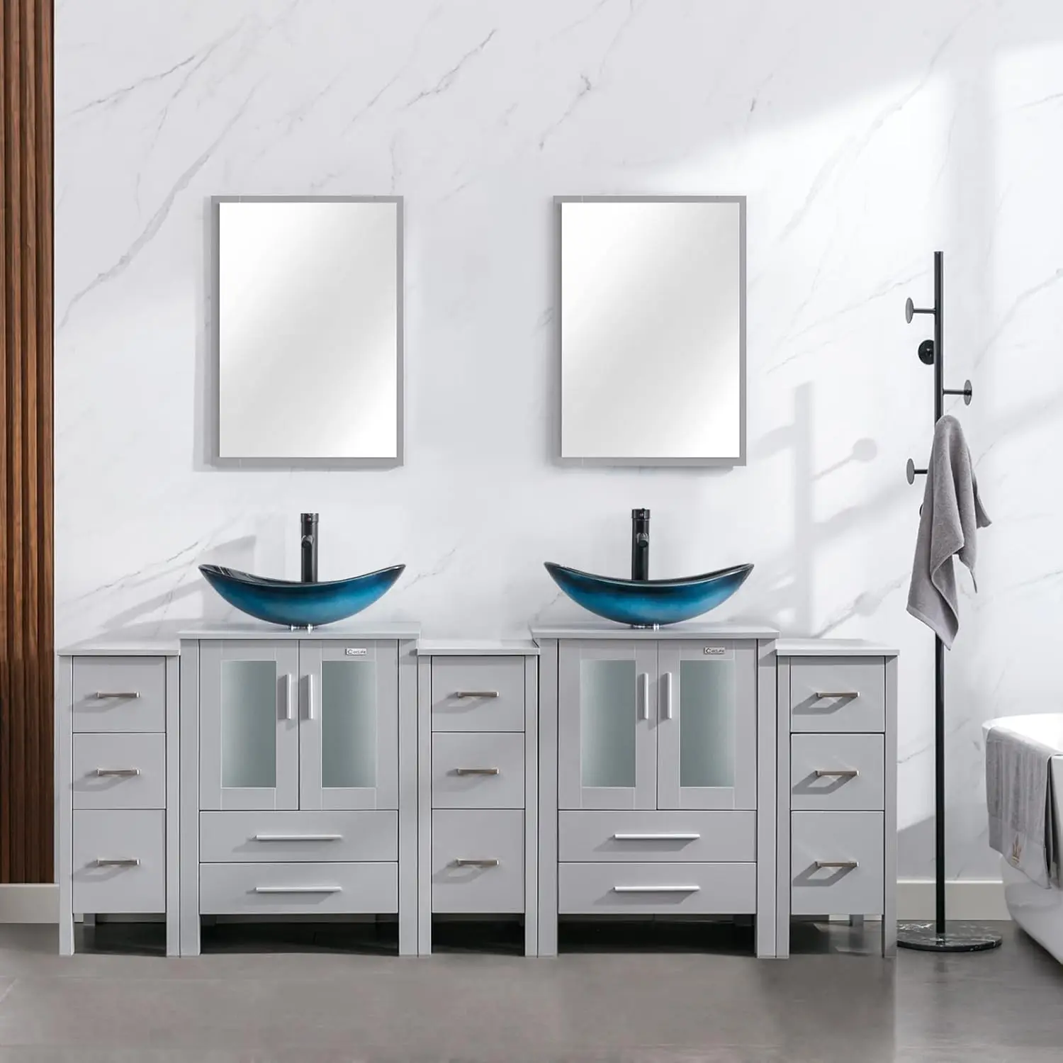 

Современный комплект для ванной комнаты: тумба-умывальник 84 дюйма, отдельностоящая тумба с небольшим приставным шкафчиком, синяя стеклянная раковина-чаша, на заказ