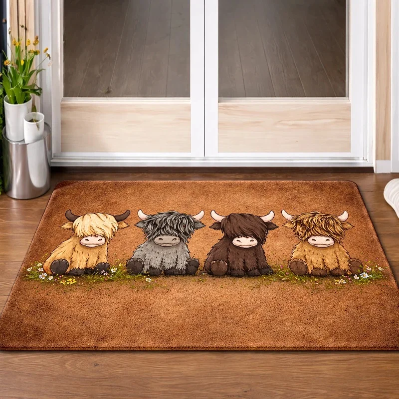 VIKAMA Cute Highland Cattle Entry Doormat Grass Flower Pattern Non Slip Mat For Porch Indoor Home Rustic Farmhouse Decoration