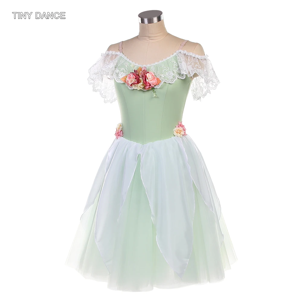 Robe longue de danse de Ballet pour filles adultes, épaules dénudées, Costumes de ballerine vert clair, Tutus romantiques, vêtements de spectacle, 25184