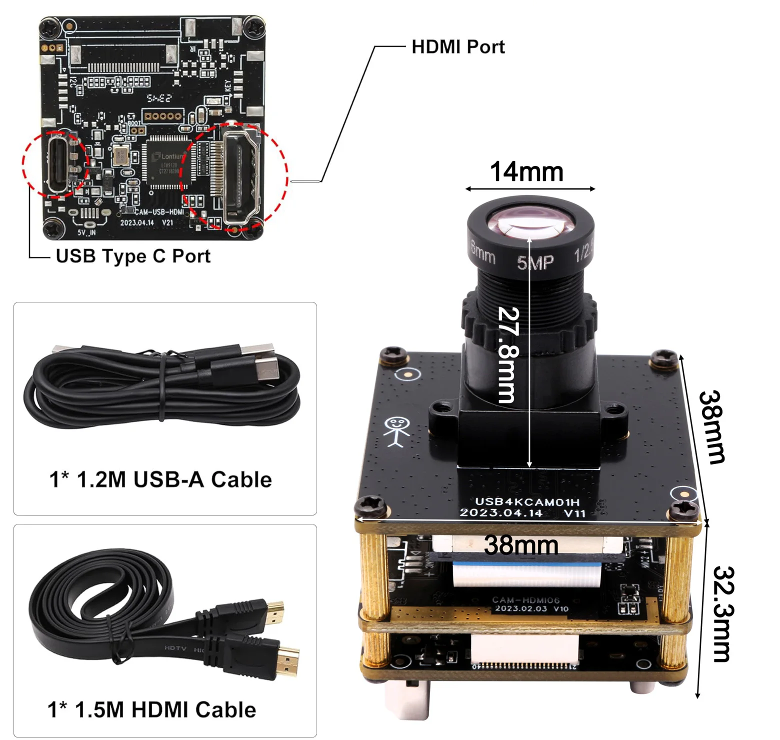 ELP Industrial Webcam 4K USB 2.0 HDMI Plug and Play, M12 12mm/16mm/25mm Lens Module USB Camera H.265 , H.264 3840x2160 Webcam