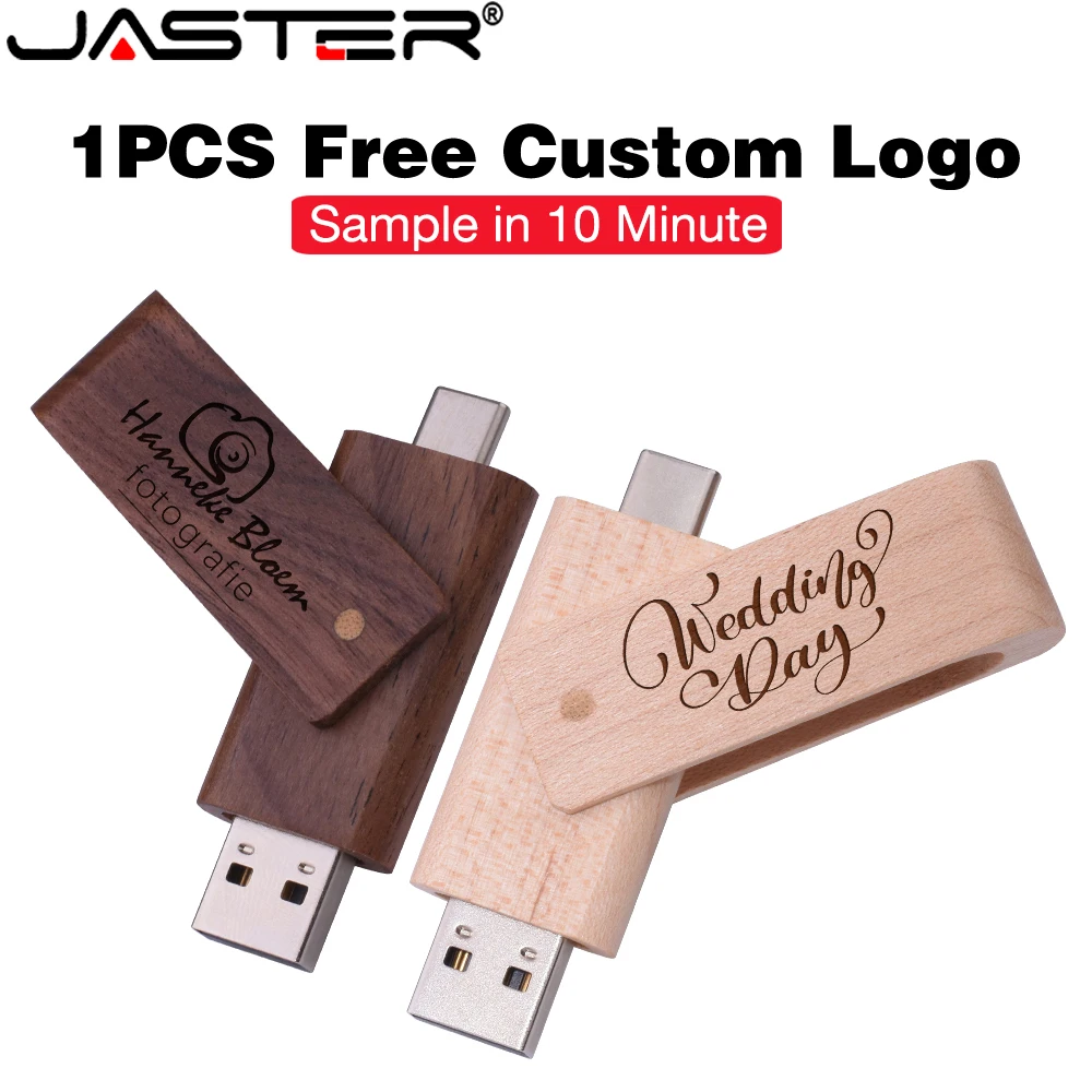 JASTER Free Custom Logo TYPE-C USB 3.0 Flash Drive 128GB  Wooden Rotating USB-C Memory Stick 64GB Business Gift Pen Drive 32GB