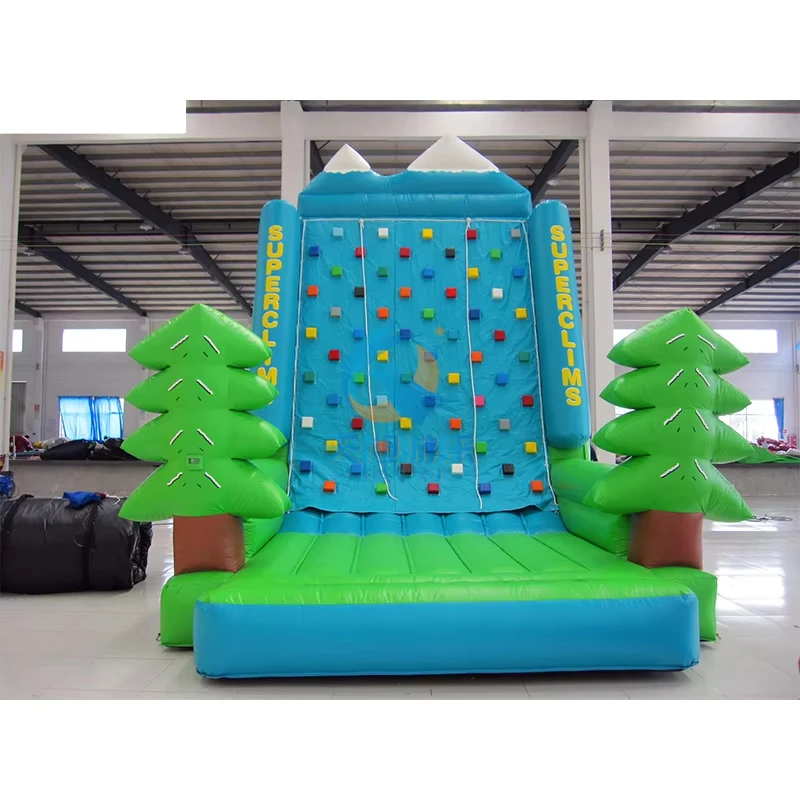 Blue PVC inflatable climbing wall with supporting blower, commercial outdoor interactive game facility for sale