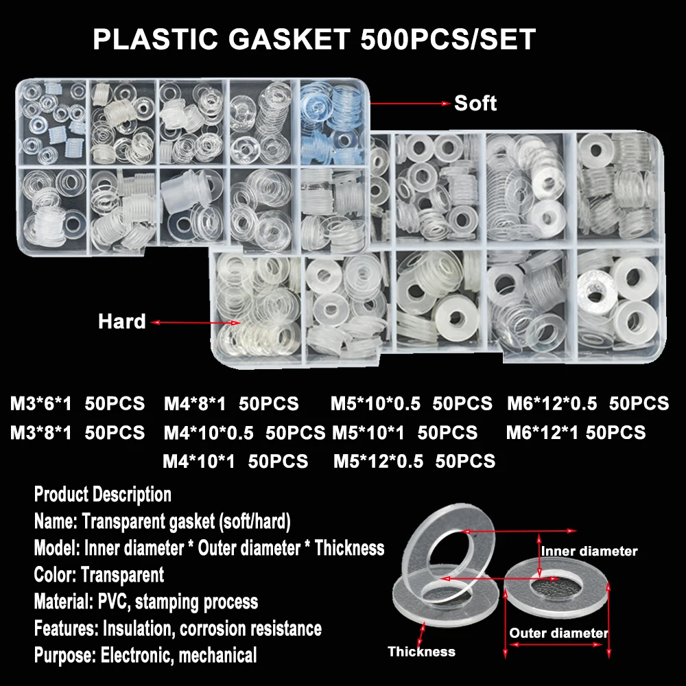 M2 M3 M4 M5 M6 M8 M10 M12 M14 M20 PVC Washers Set Hard Plastic Nylon Gasket RingTransparent Insulation Flat Paded Assortment Kit