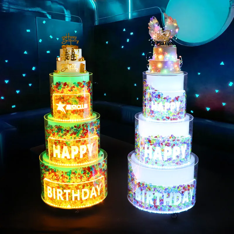 

Светодиодная светящаяся тележка для торта, трехслойная прозрачная подвижная кристаллическая машина для торта, бар, КТВ, реквизит для атмосферы дня рождения