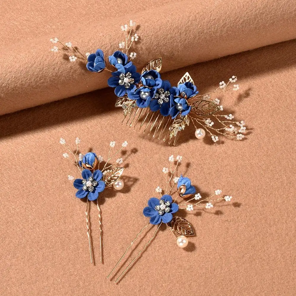 

Romantic Wedding Leaves Tiara Crystal Crown Bridal Clips Flower Hair Pin Hair Combs Blue White