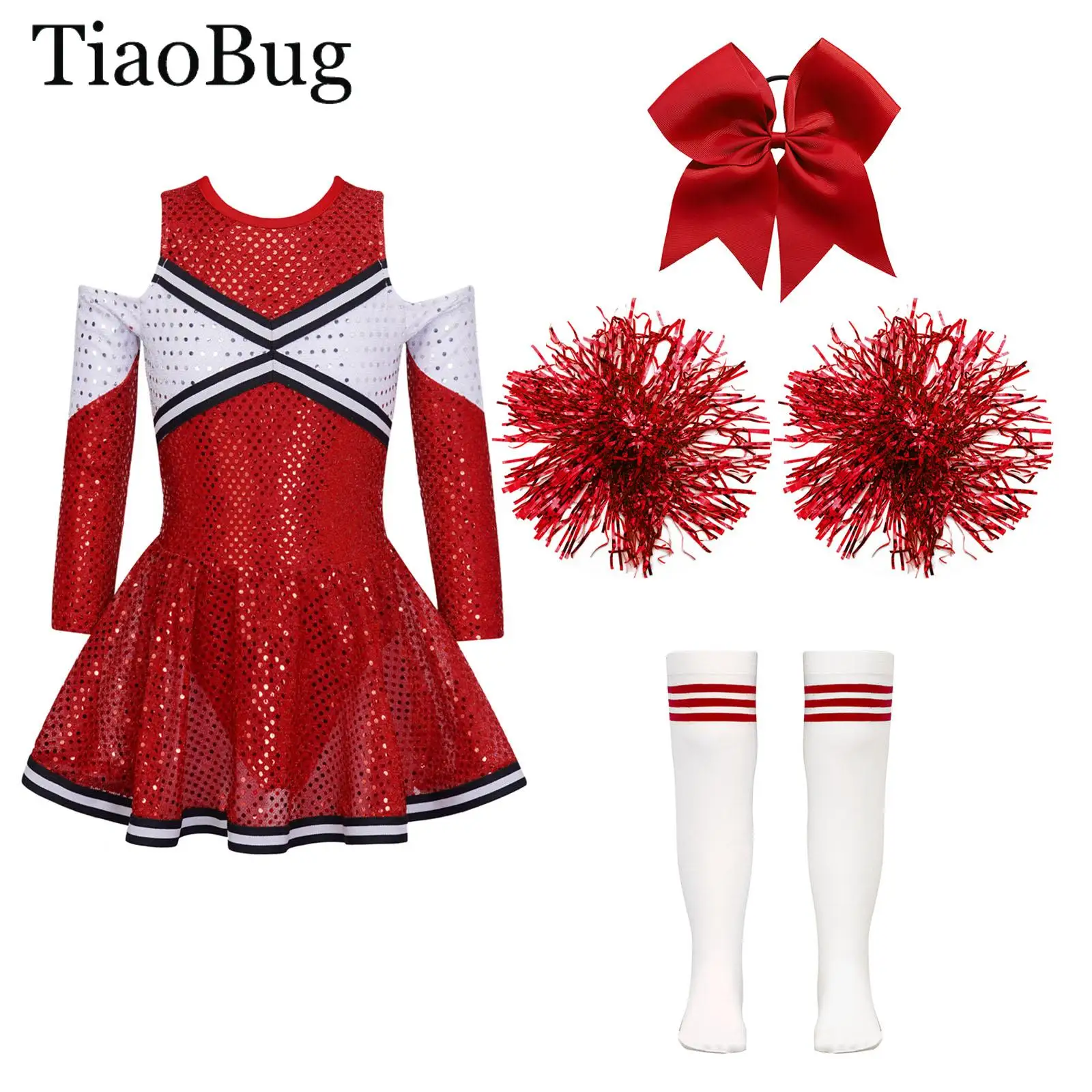

Girls Cheerleader Costume Uniforms Long Sleeve Off-Shoulder Sequin Dress +Headwear Hand Flowers Socks School Cheer Dance Outfit