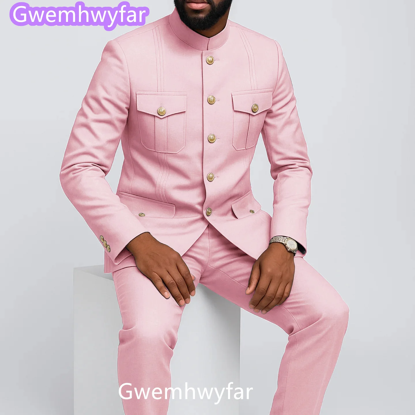 Gwenhwyfar السماء الزرقاء الرجال الدعاوى الصيف قصيرة الأكمام دعوى زر واحد الوقوف التلبيب سليم صالح حفلة موسيقية شارع العليا اليومية رجل غير رسمي مجموعة