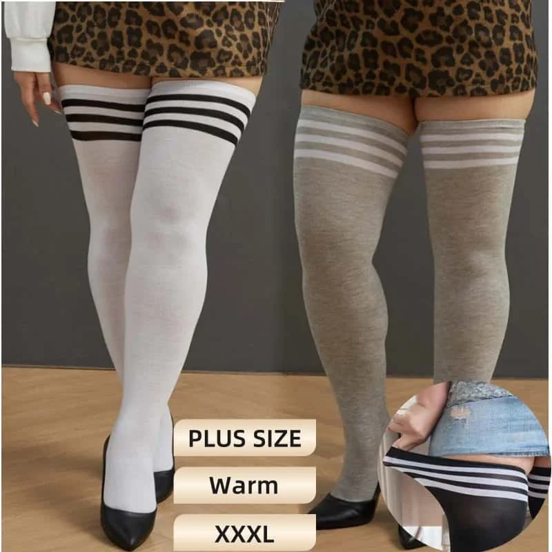 Oversize Thigh High Over Knee long Socks 100kg XL Woman Plus Size Black White Striped Stocking Leg Warmers Autumn Winter Fashion