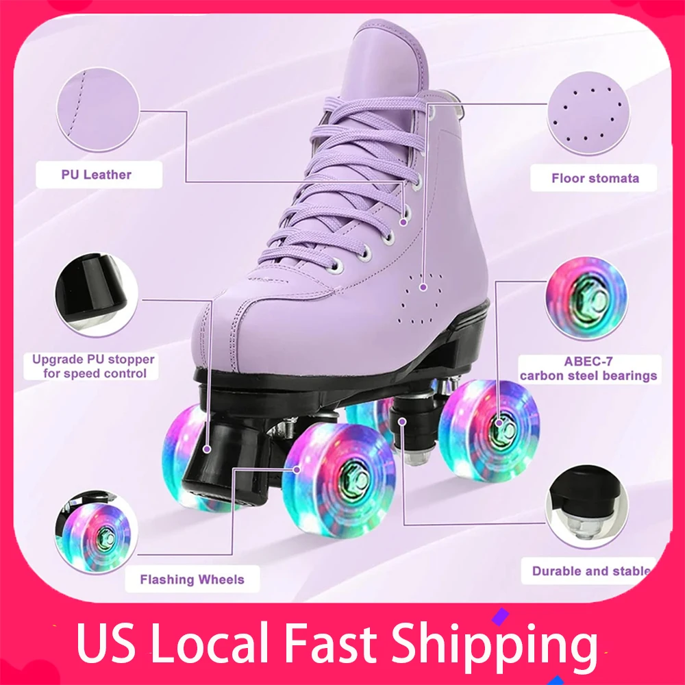 Sepatu Roda Kulit PU Sepatu Skating Sliding Inline Quad Skates Sepatu Wanita Sepatu Roller Skating Putih 4 Roda Roda Flash