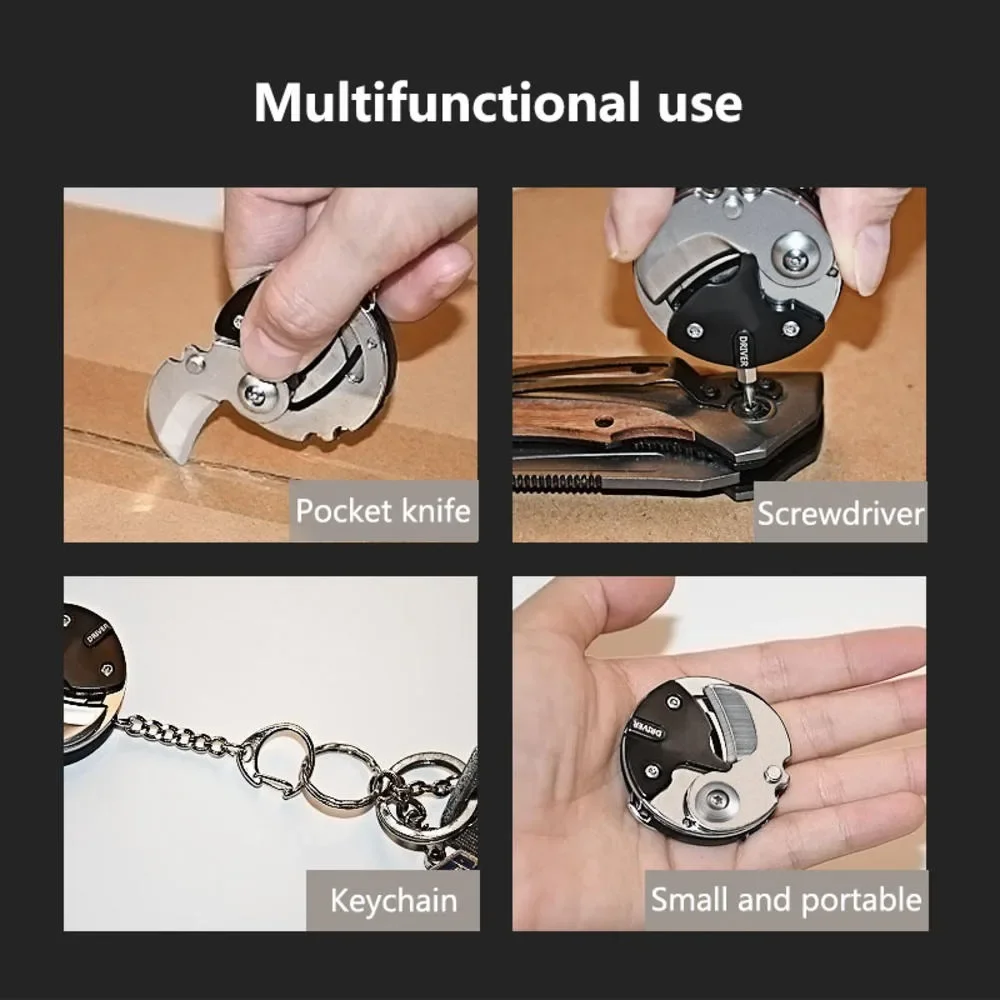 Outdoor Multifunctional Mini Pocket Knives Screwdriver Keychain Tools Coin Round Steel Folding Blade Knife Keyring Pendant Gift