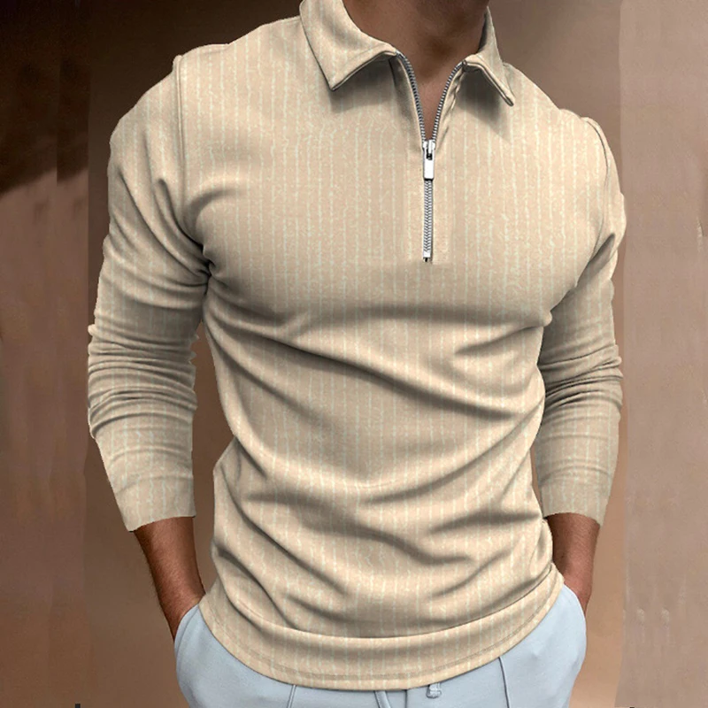 Simple Line 3D Print Polo Zipper Long Sleeve Shirt for Men Button Down Fashion Shirt