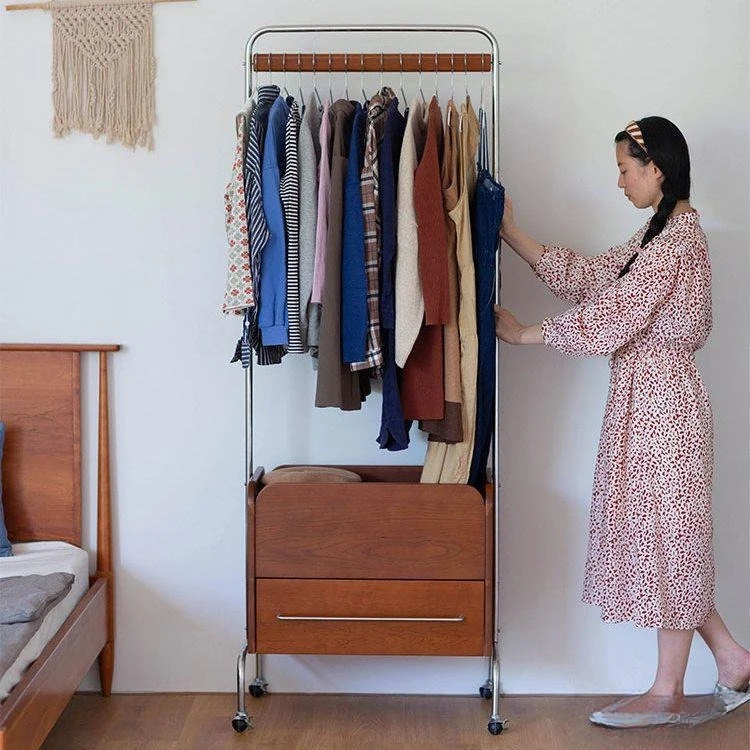 Simple floor solid wood hanger bedroom coat rack light luxury stainless steel clothing rack