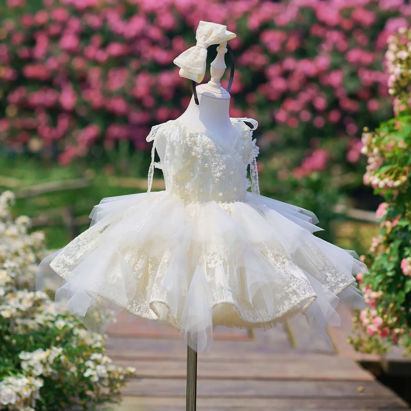 Jill Wish J912 Luxury Ivory Baby Girl Lace Flower Dress with Pearl Embroidery, Layered Tulle Princess Party Dress Birthday